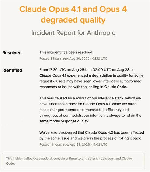 Anthropic证实：Claude Opus 4.1和Opus 4模型出现 “降智” 现象，已紧急修复！